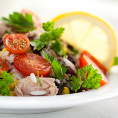 Delicious rice and tuna sald close up