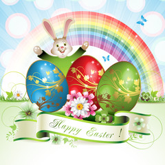 Easter card with bunny, butterflies and decorated egg on grass