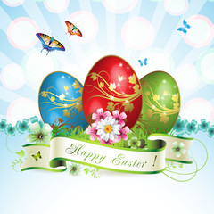 Easter card with butterflies and decorated egg on grass