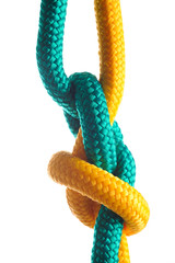 Rope with marine knot on white background. series of photos iso
