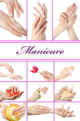 collage.Beautiful hand with perfect french manicure  group photo