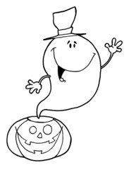 Outlined Ghost Over Pumpkin