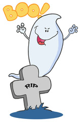 Scary Halloween Ghost Emerging Behind A Tombstone