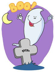 Spooky Halloween Ghost Emerging Behind A Tombstone Over Purple