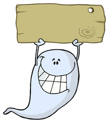 Cartoon character happy ghost with plate