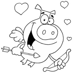 Black And White Cupid Pig With Hearts, A Bow And Arrow