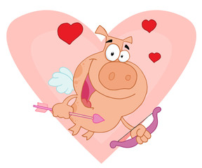 Cupid Piggy With Hearts Over A Pink Heart