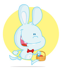 Blue Rabbit Running With Easter Eggs In A Basket
