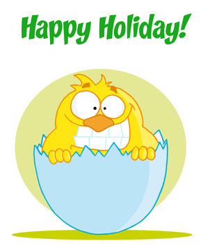 Happy Holiday Text Above A Yellow Chick Smiling