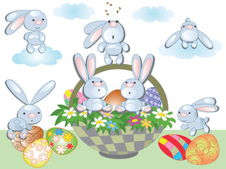 Easter basket and funny rabbits