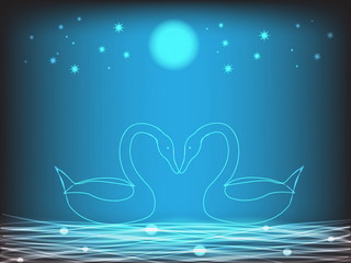 Fototapeta na wymiar Two neon swans on night lake