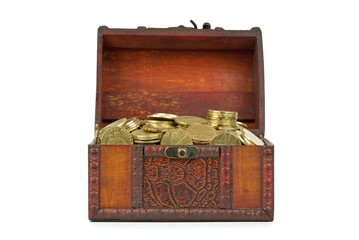 Old wooden chest with golden coins