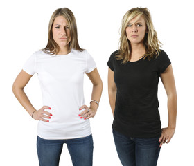 Young angry women with blank shirts