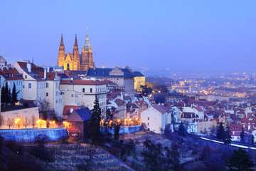 The View on bright Prague with gothic Castle in the Night
