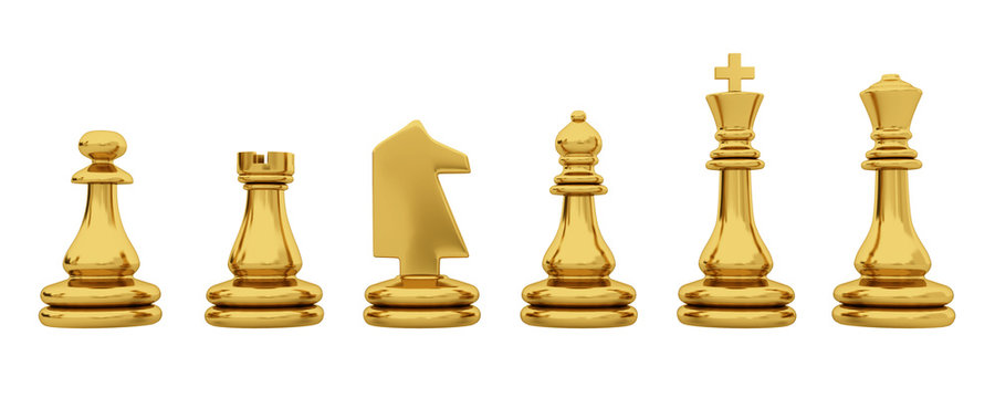Golden chess pieces isolated on white background