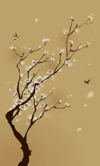 Papier Peint photo autocollant Oiseaux dans la forêt peinture de style oriental, fleur de prunier au printemps