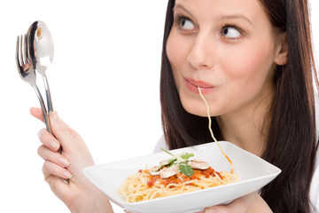 Italian food - portrait woman eat spaghetti sauce