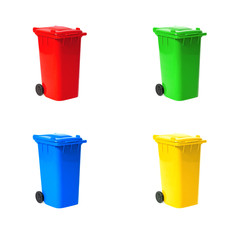 set of various empty recycling bins
