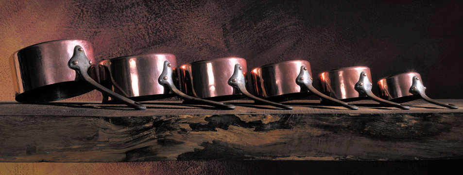 Antique copper pans lined