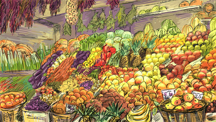 Fruits and vegetables street stall. Illustration