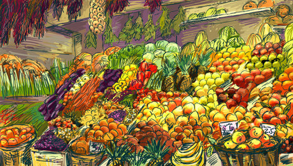 Fruits and vegetables street stall. Illustration