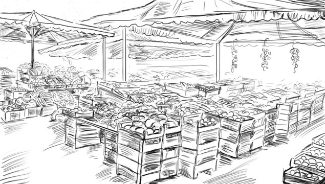Fruits and vegetables street stall. Illustration sketch