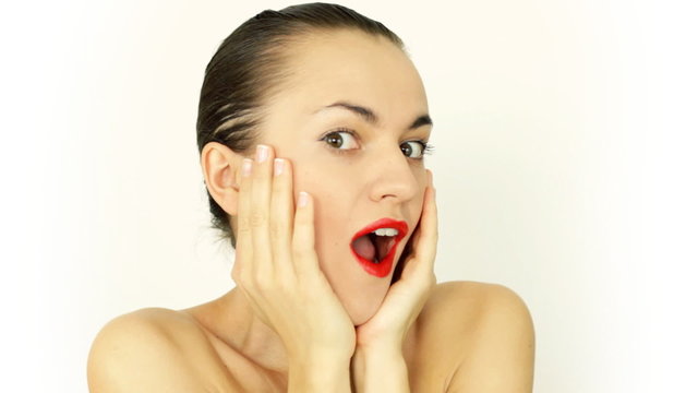 Portrait of surprised young woman with red lipstick, isolated