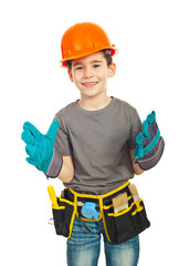 Happy kid boy  wearing big gloves