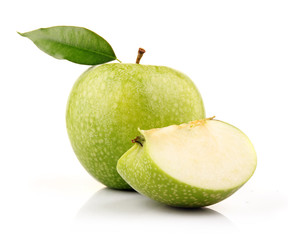 Ripe green apple with slices isolated