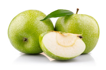 Ripe green apple with slices isolated on white