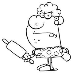 Mad Outlined Housewife Holding A Rolling Pin
