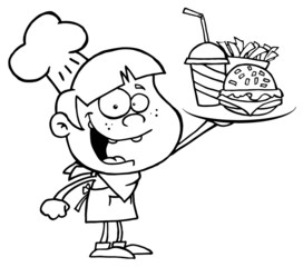 Outlined Burger Boy Holding Up A Cheeseburger