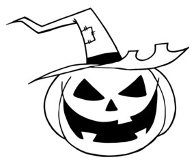 Black And White Outline Of A Jack O Lantern Wearing A Witch Hat