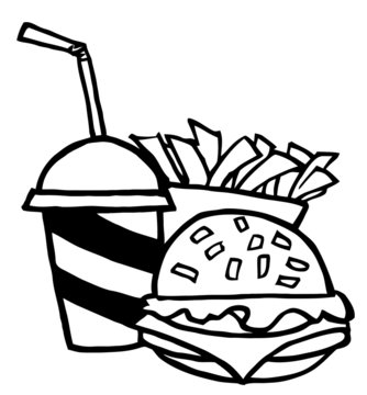 Outlined Cheeseburger With Cola And French Fries