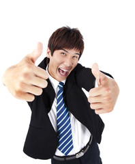 Successful asian young businessman with thumb up