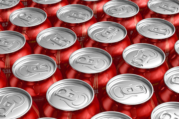 Macro of metal cans with refreshing drinks