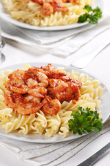 Pasta with tomato and shrimps