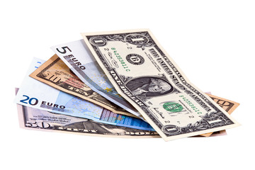 bright set of different euro and dollar notes isolated over whit
