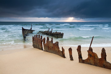wreck on australian beach at sunrise (ss dicky wreck)
