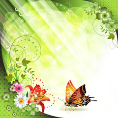 Springtime background with flowers and butterflies