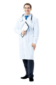 Full Body Portrait Of Happy Smiling Doctor, Isolated On White