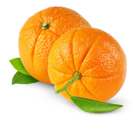 Isolated oranges. Two whole oranges with leaves isolated on white background