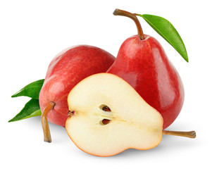 Isolated pears. Three cut red pear fruits isolated on white background