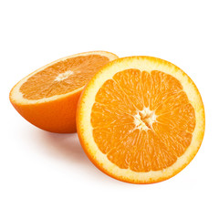 Two halves of orange on white background