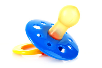 Baby silicone pacifier in blue color, isolated on white backgrou