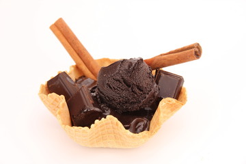 Chocolate ice cream in waffle, isolated on white