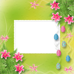 Pastel background with colored eggs and lilies to celebrate East