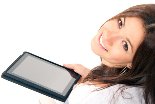 woman hold new electronic tablet touch