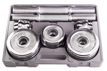 disassembled dumbbells in box isolated on white