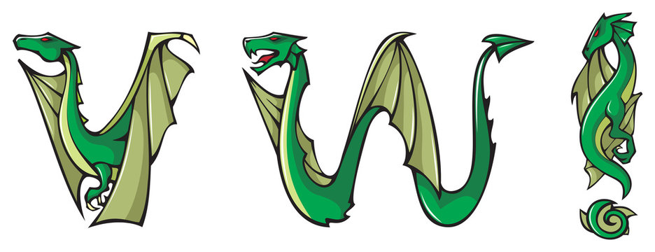 Dragons alphabet, letters V,W and !, fantasy font, vector